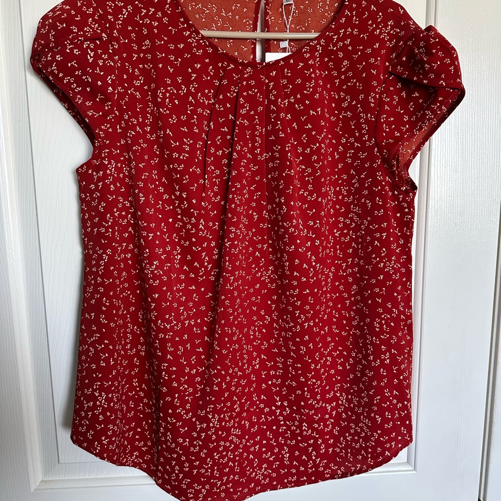 Red Floral Cap-Sleeve Blouse